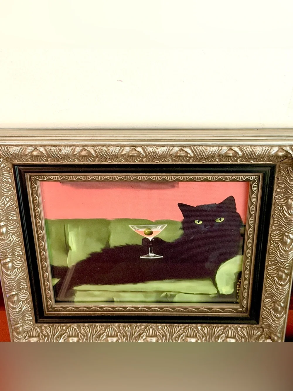 Black Cat Martini Olive Canvas Art Print Green Couch Baroque Ornate Framed Art